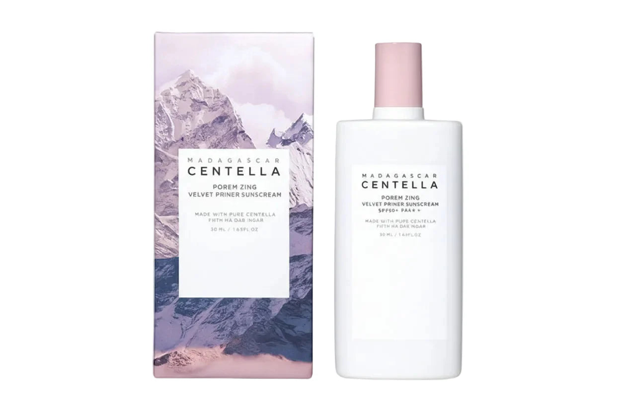 Skincare product with mountain-themed packaging on a white background