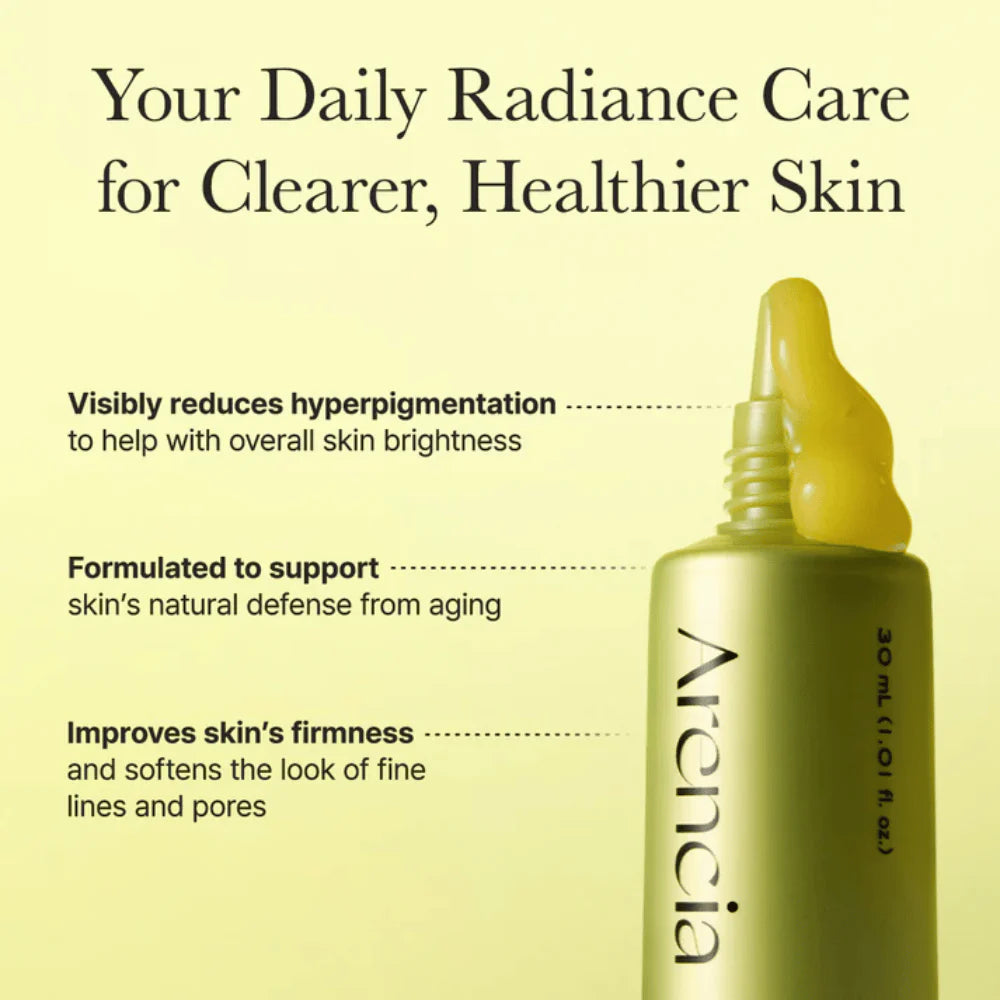 Skincare serum bottle with text on a yellow background