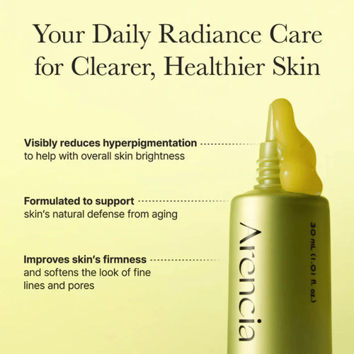 Skincare serum bottle with text on a yellow background