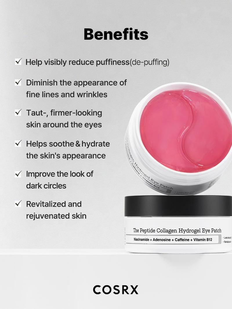 Cosrx eye patch with benefits listed on a gray background