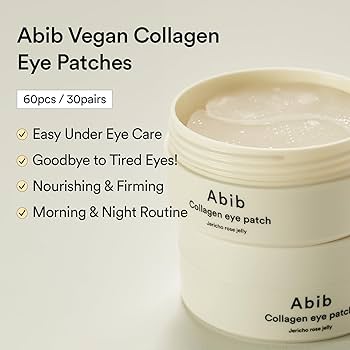 Abib Vegan Collagen Eye Patches jar with product details on a light background