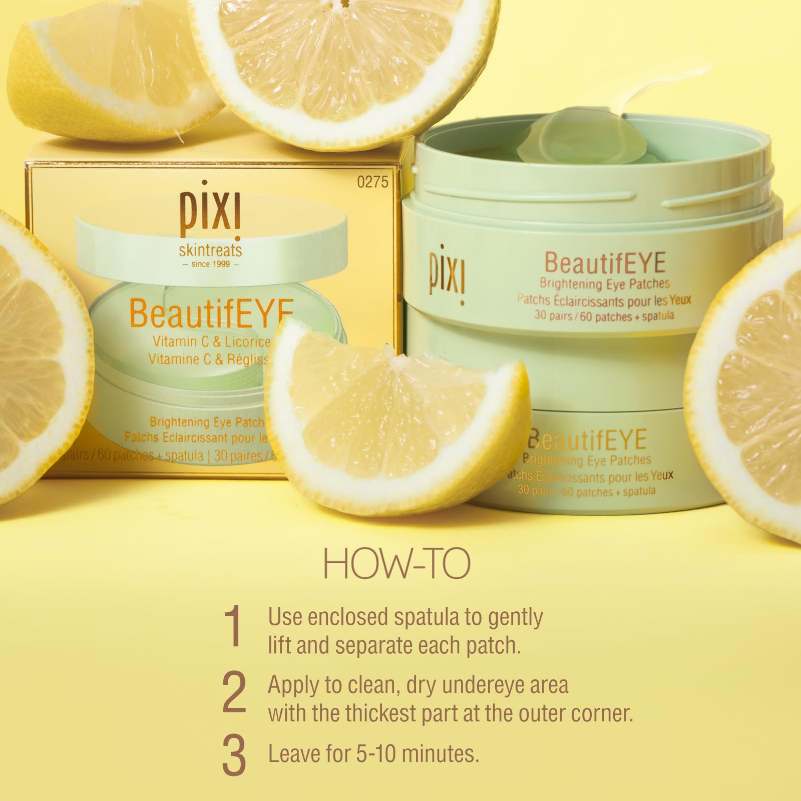 Pixi BeautifEYE eye patch packaging with lemons on a yellow background