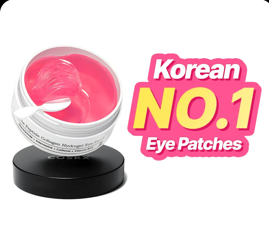 COSRX eye patch container with pink gel and 'Korean No.1 Eye Patches' text on a white background