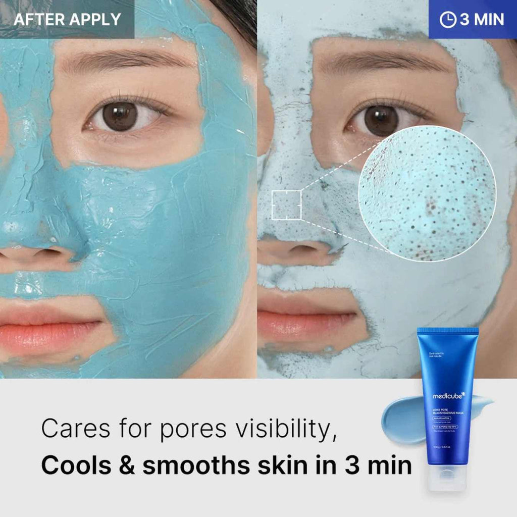 Facial mask application process with close-up of skin texture and product packaging.