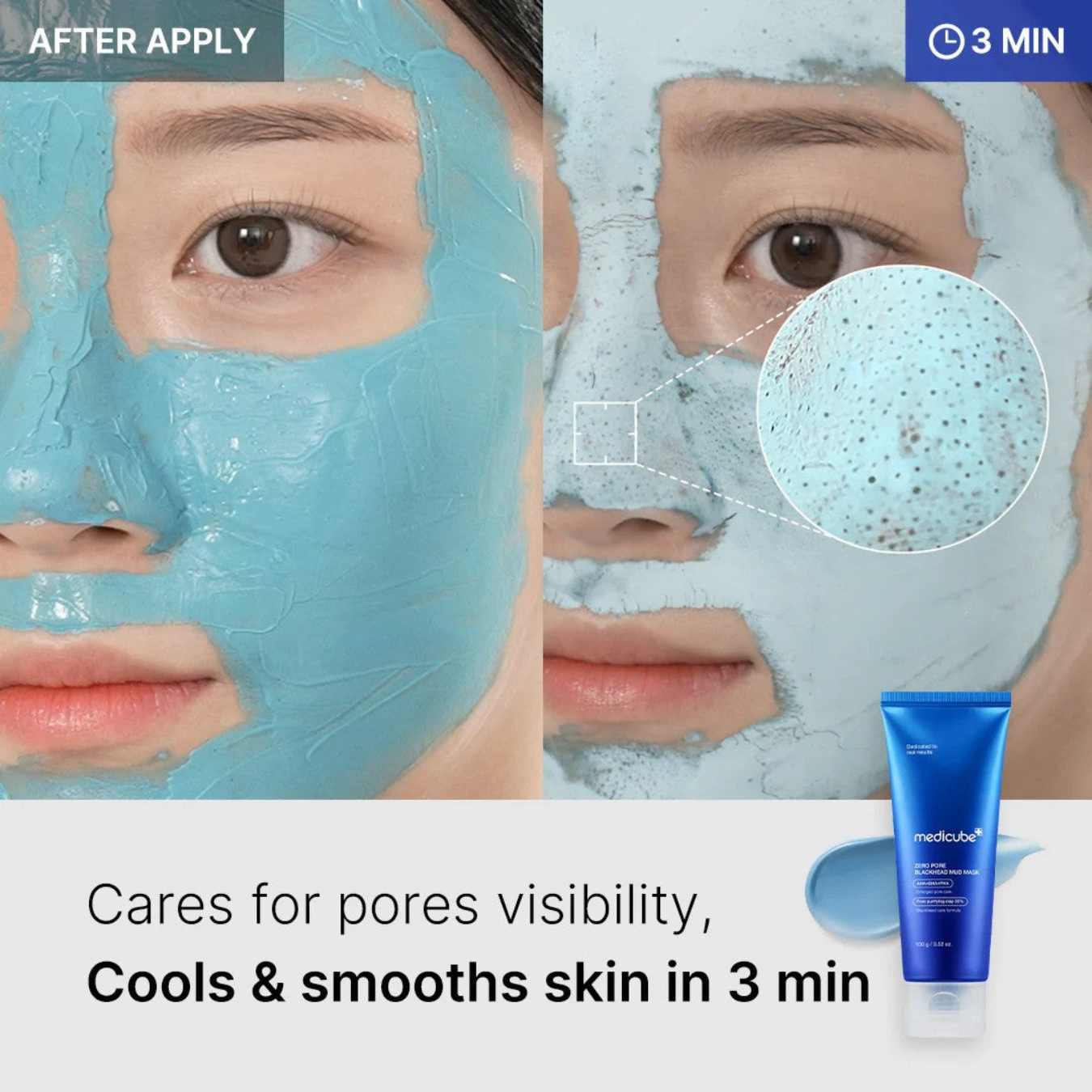 Facial mask application process with close-up of skin texture and product packaging.
