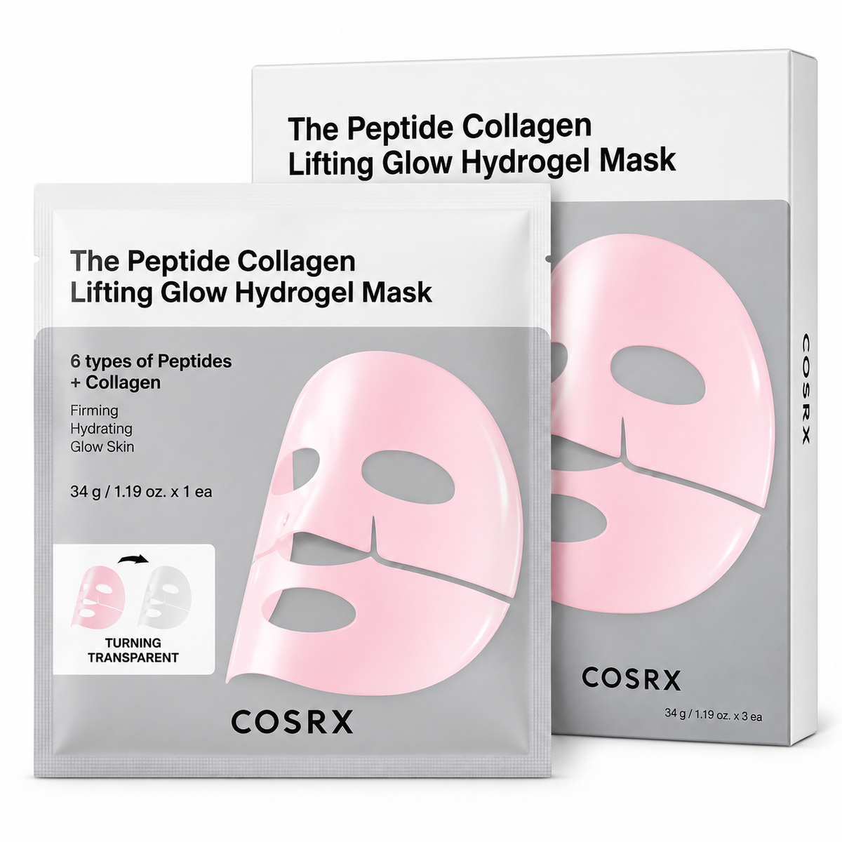 COSRX The Peptide Collagen Lifting Glow Hydrogel Mask shown in its retail packaging, featuring a white and gray outer box and an individual sachet with a pink hydrogel mask illustration.