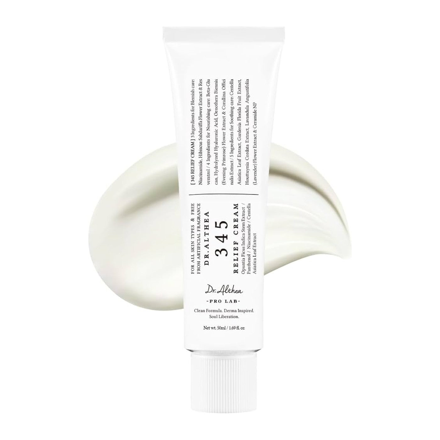 Dr.Althea 345 Relief Cream 50ml white tube with a cream swatch