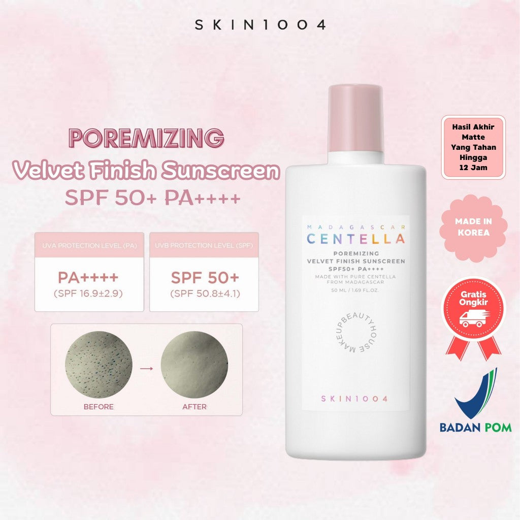 SKIN1004 Poremizing Velvet Finish Sunscreen bottle with product details on a pink background