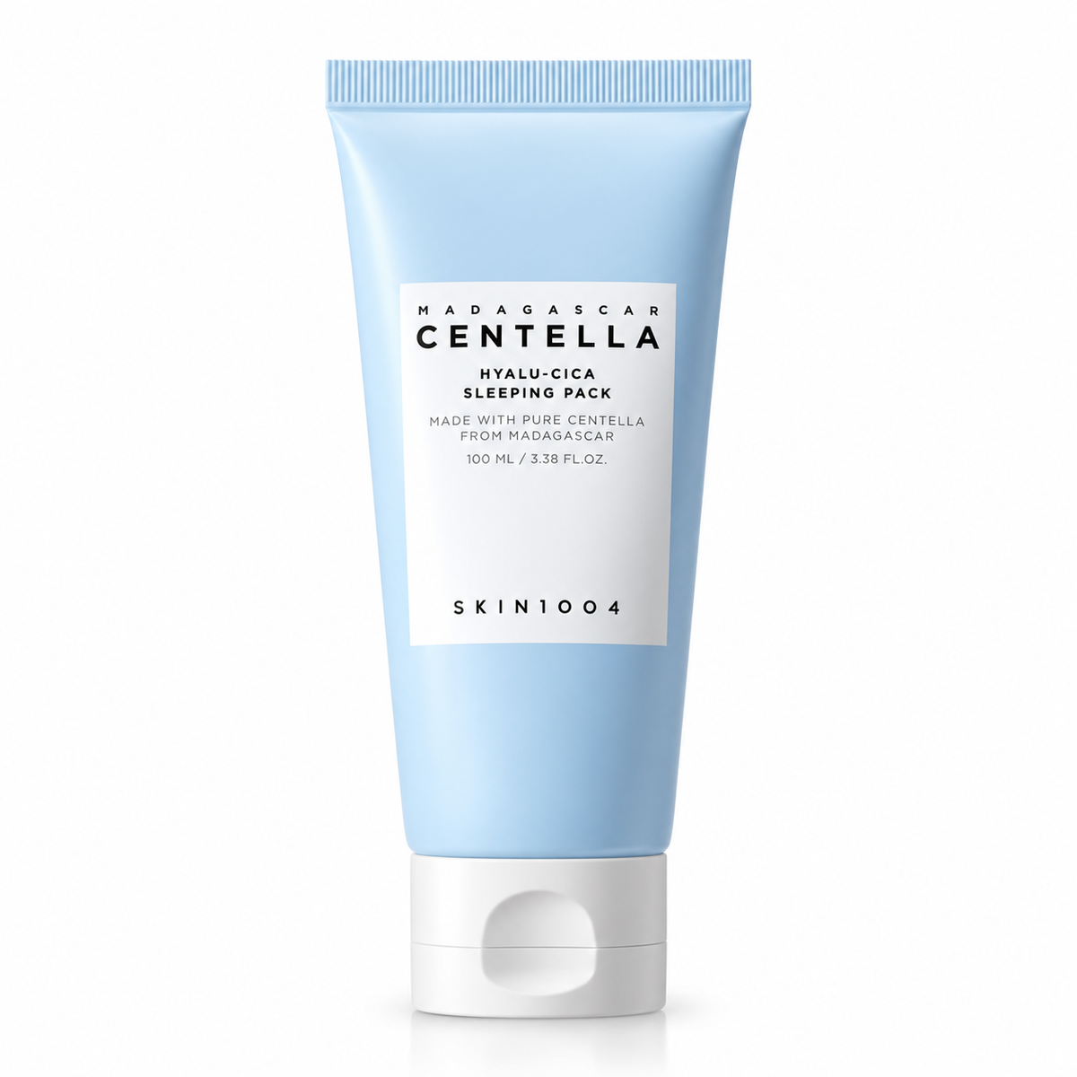 A light blue squeeze tube of SKIN1004 Madagascar Centella Hyalu-Cica Sleeping Pack with a white cap, centered on a clean white background.