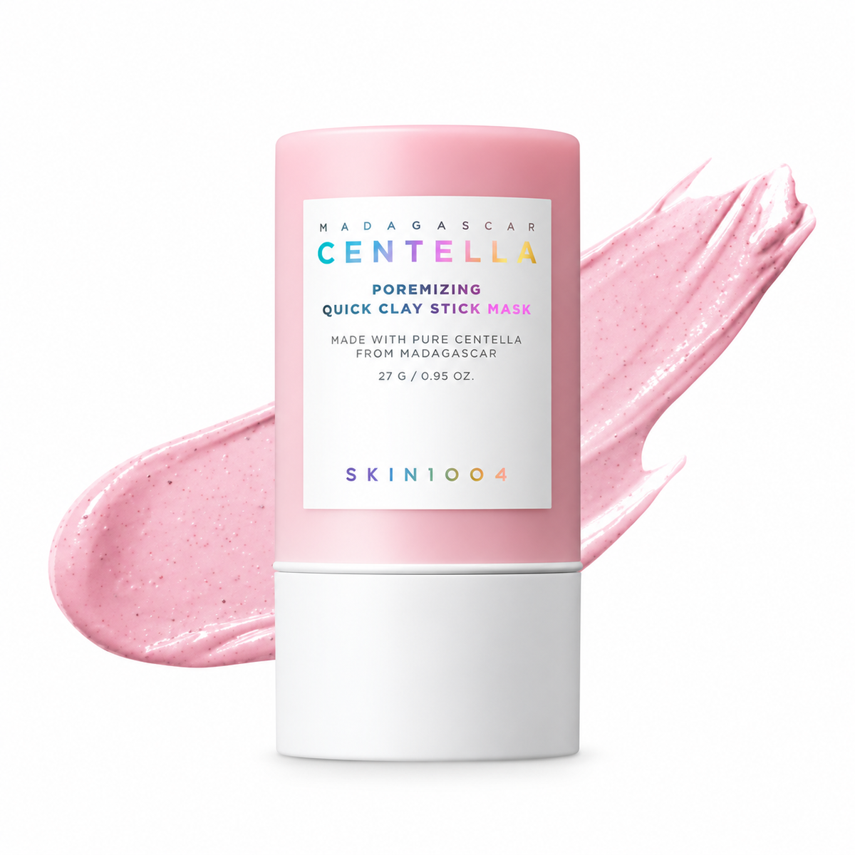 A pink and white tube of SKIN1004 Madagascar Centella Poremizing Quick Clay Stick Mask, shown with a pink clay smear behind it on a white background.