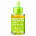 Purito Azelaic Acid 10 Kojic Tea Tree Serum in a clear glass dropper bottle with a bright green cap and green-tinted serum inside, on a white background.