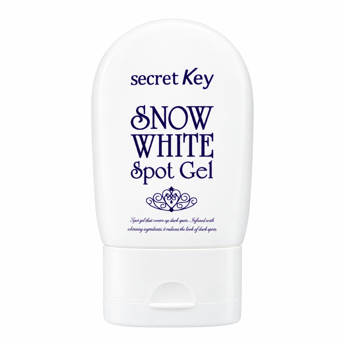 A white squeeze tube of Secret Key Snow White Spot Gel with dark blue text, shown against a plain white background.