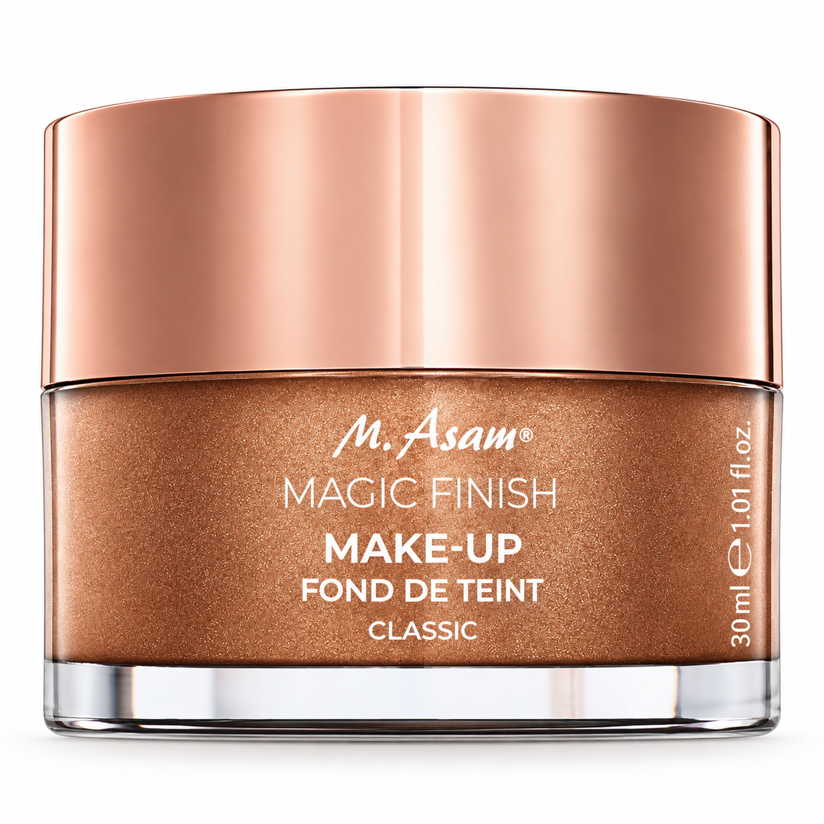 M. Asam Magic Finish Make-Up Classic bronze shimmer powder in a clear glass jar with a metallic rose gold lid, on a white background.