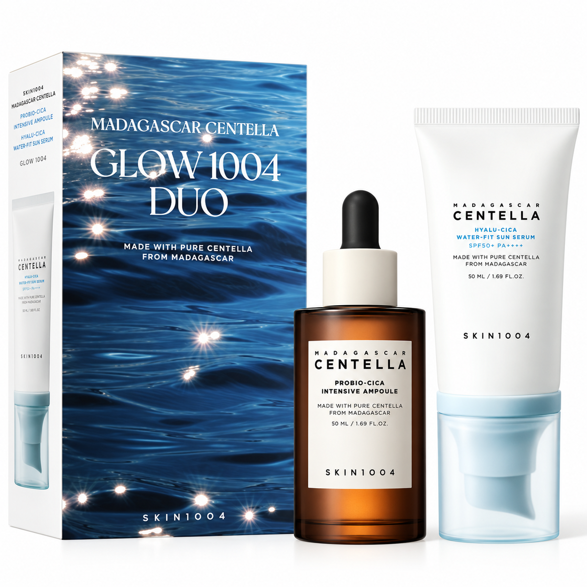 SKIN1004 Madagascar Centella Glow 1004 Duo set featuring a blue water-splash box, an amber dropper bottle of serum, and a white ampoule tube with blue accents on a white background.