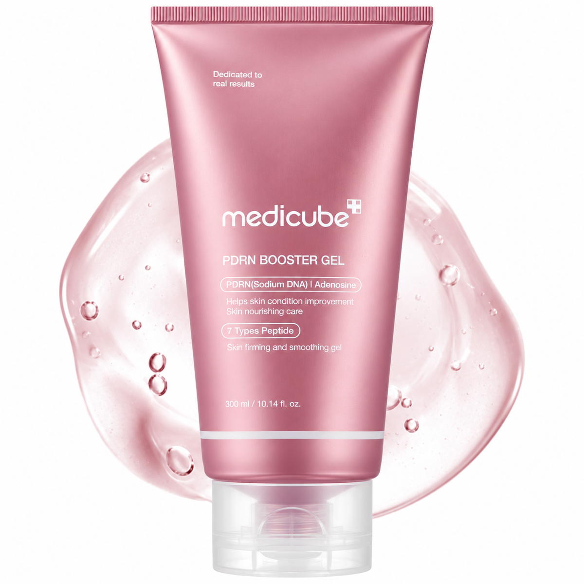 A pink squeeze tube of medicube PDRN BOOSTER GEL centered over a glossy pink gel smear with water droplets on a white background.