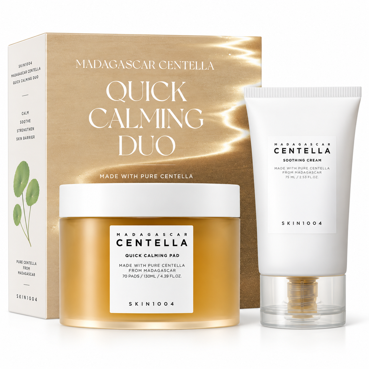 SKIN1004 Madagascar Centella Quick Calming Duo set, featuring a gold jar of soothing cream, a white tube of soothing cream, and a gold and white product box on a white background.