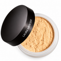 Laura Mercier loose face powder in a clear jar with a black lid, shown on a white background.
