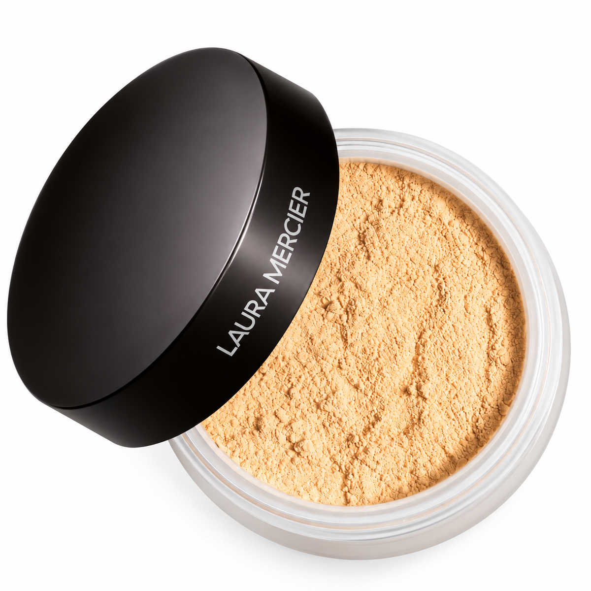 Laura Mercier loose face powder in a clear jar with a black lid, shown on a white background.