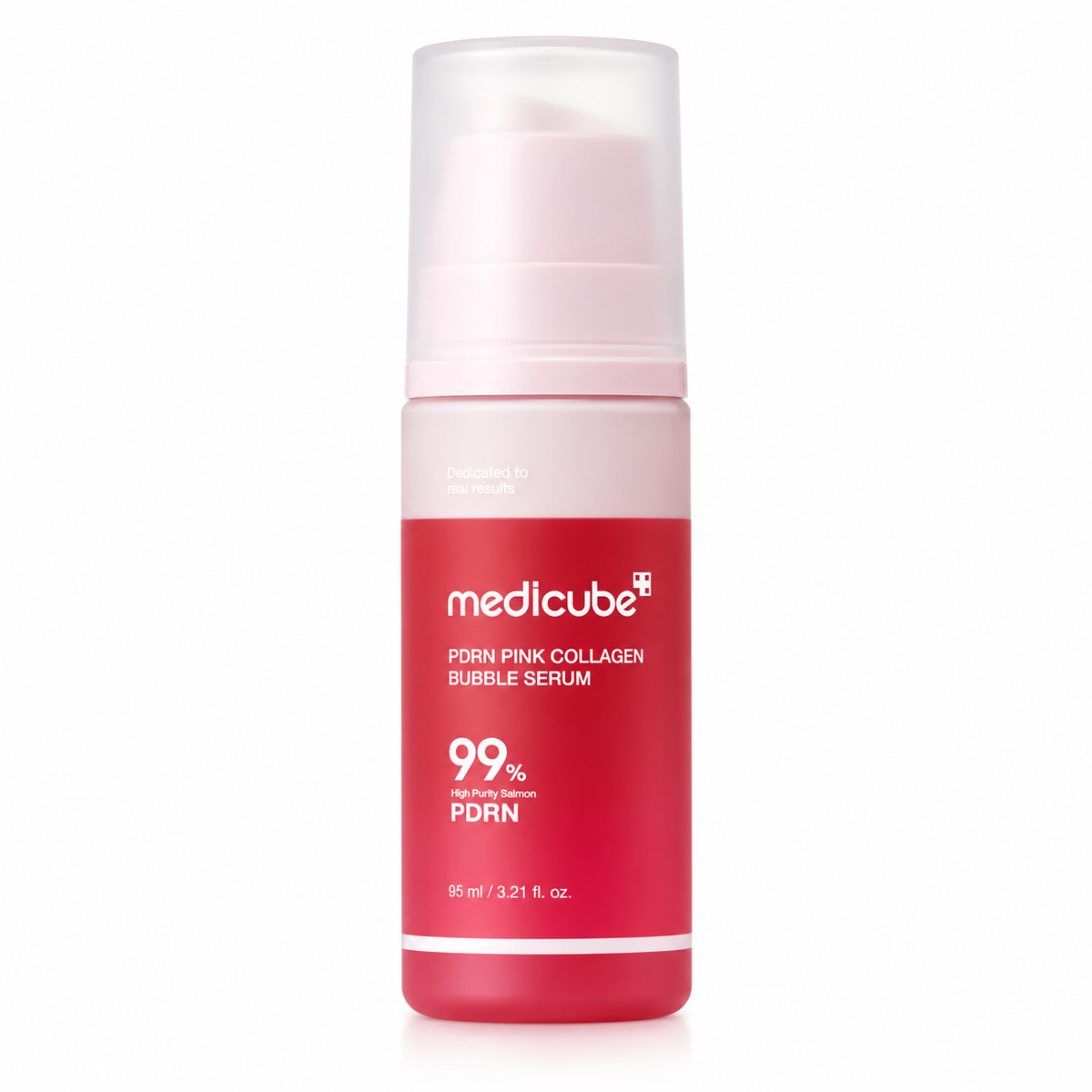 A bottle of medicube PDRN Pink Collagen Bubble Serum, featuring a vibrant pink and red gradient bottle with a frosted cap, set against a plain white background.