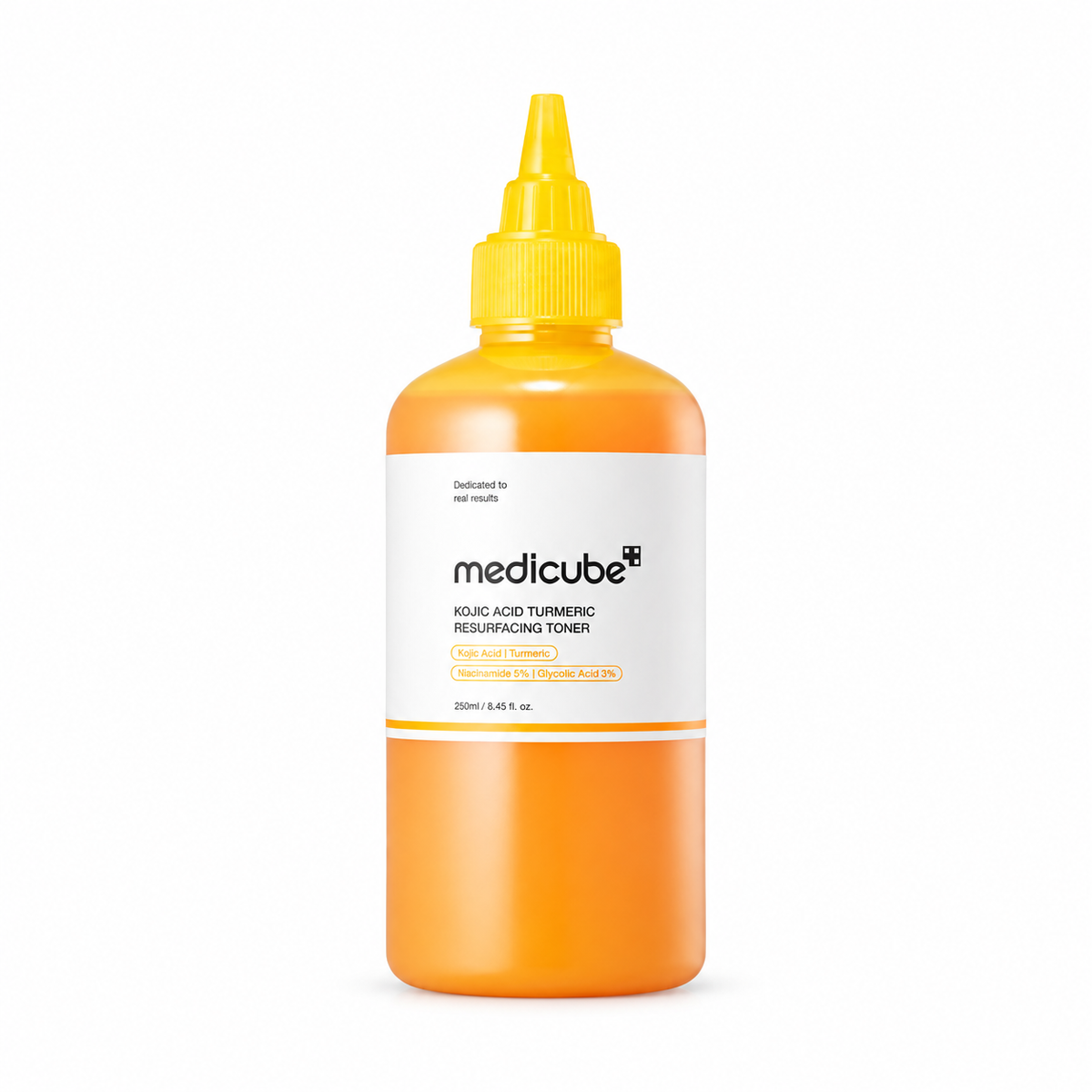 Medicube Kojic Acid Turmeric Resurfacing Toner in a 250ml orange bottle with a yellow applicator cap, shown on a clean white background.