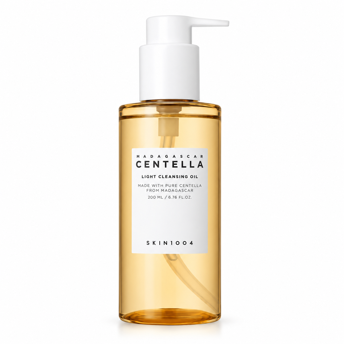 A 200 ml pump bottle of SKIN1004 Madagascar Centella Light Cleansing Oil, filled with golden-yellow oil and featuring a white label and white pump dispenser, set against a plain white background.