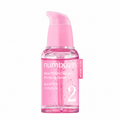 Numbzin Rose PDRN Collagen Plumping Serum in a clear bottle with a pink pump dispenser, filled with pink liquid, on a white background.