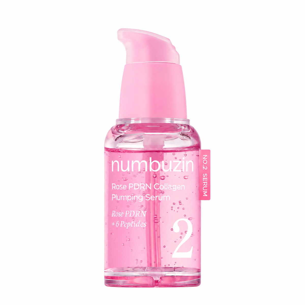 Numbzin Rose PDRN Collagen Plumping Serum in a clear bottle with a pink pump dispenser, filled with pink liquid, on a white background.