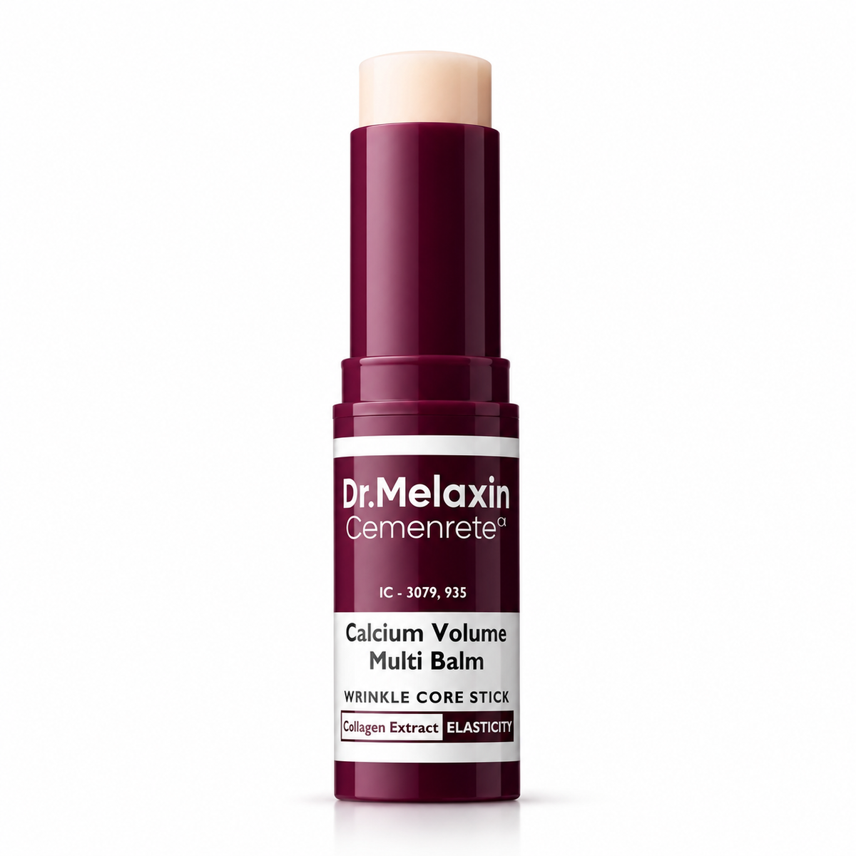 Dr. Melaxin Cemenrete Calcium Volume Multi Balm Wrinkle Core Stick, featuring a deep burgundy tube with a white label and a light beige balm stick tip, set against a plain white background.