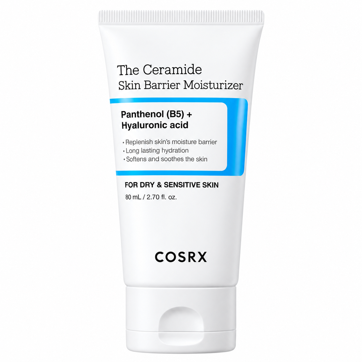 COSRX The Ceramide Skin Barrier Moisturizer in a white squeeze tube with a blue accent band, shown on a plain white background.