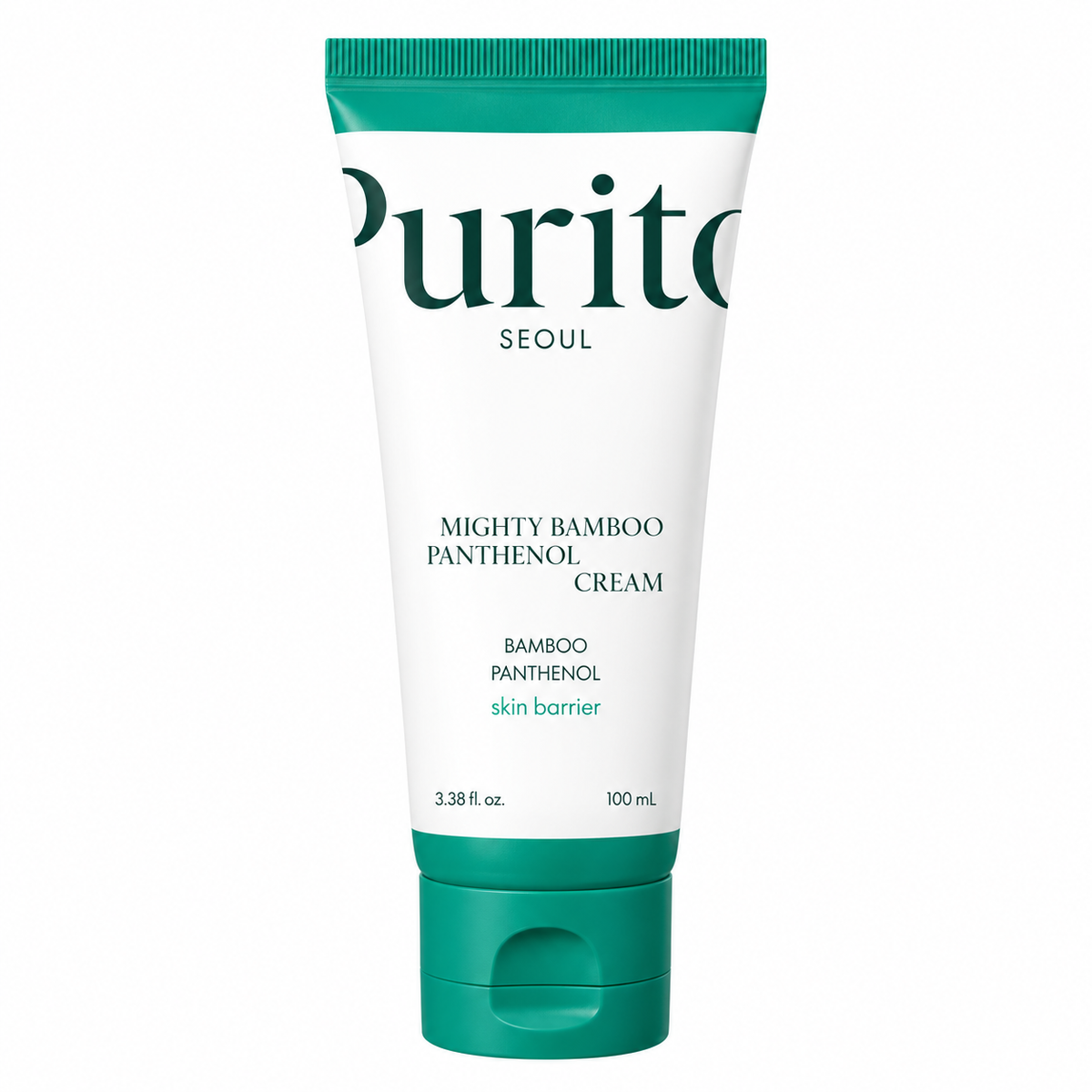 A 100 mL squeeze tube of Purito Seoul Mighty Bamboo Panthenol Cream, featuring a white body with a teal green cap and top band, and dark green text.