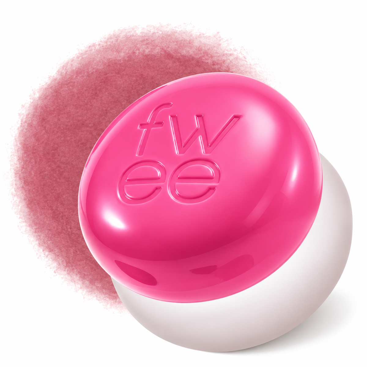A bright pink and white spherical cosmetic container with the brand name 'fw ee' embossed on the lid, shown against a white background with a soft pink powder cloud behind it.