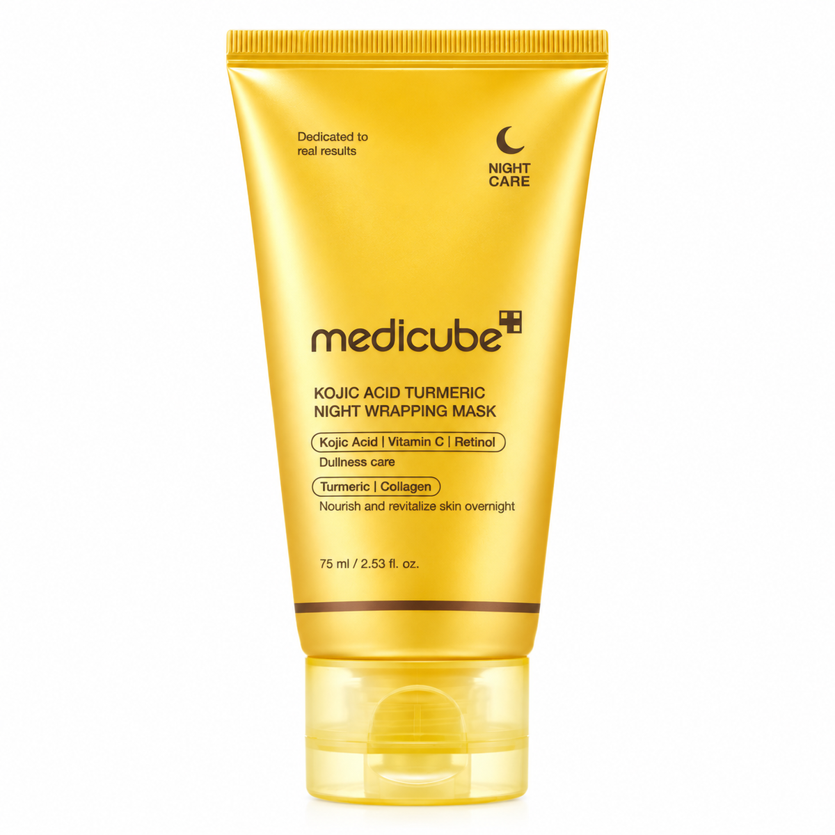 A gold squeeze tube of Medicube Kojic Acid Turmeric Night Wrapping Mask with a clear cap, shown on a solid white background.