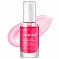 A clear glass bottle of Medicube PDRN Collagen Glow Jelly Serum filled with bright pink liquid, shown against a white background with a pink gel smear behind it.