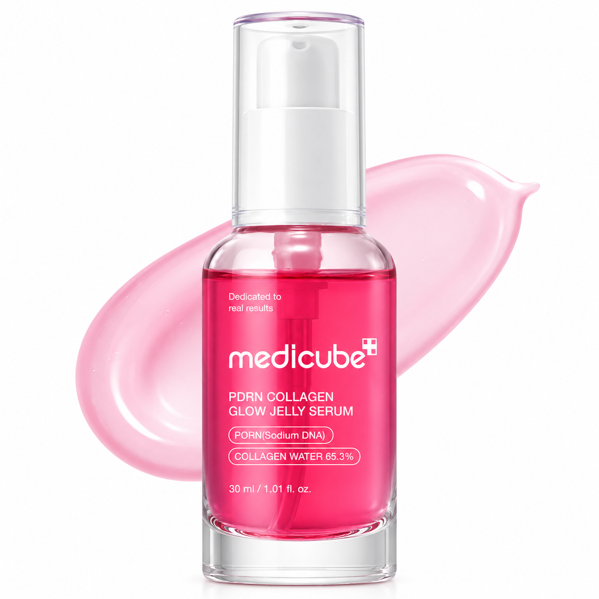 A clear glass bottle of Medicube PDRN Collagen Glow Jelly Serum filled with bright pink liquid, shown against a white background with a pink gel smear behind it.