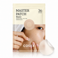 COSRX Master Patch Basic set of 36 round hydrocolloid patches, shown in its beige packaging with a close-up of a person applying a patch and a separate patch shown in the foreground.
