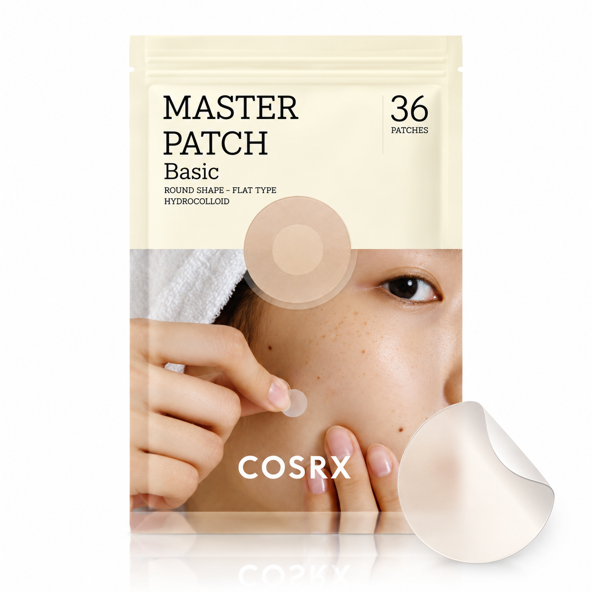 COSRX Master Patch Basic set of 36 round hydrocolloid patches, shown in its beige packaging with a close-up of a person applying a patch and a separate patch shown in the foreground.