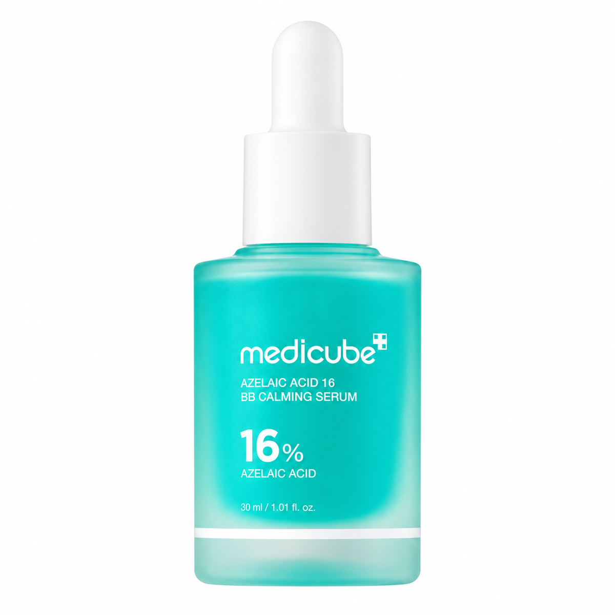 Medicube 16% Azelaic Acid BB Calming Serum in a frosted teal glass dropper bottle with a white cap, shown on a solid white background.
