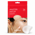 COSRX Master Patch Intensive facial acne patch packaging in red, with a model's face showing the patch applied and a white oval-shaped patch displayed in front on a white background.