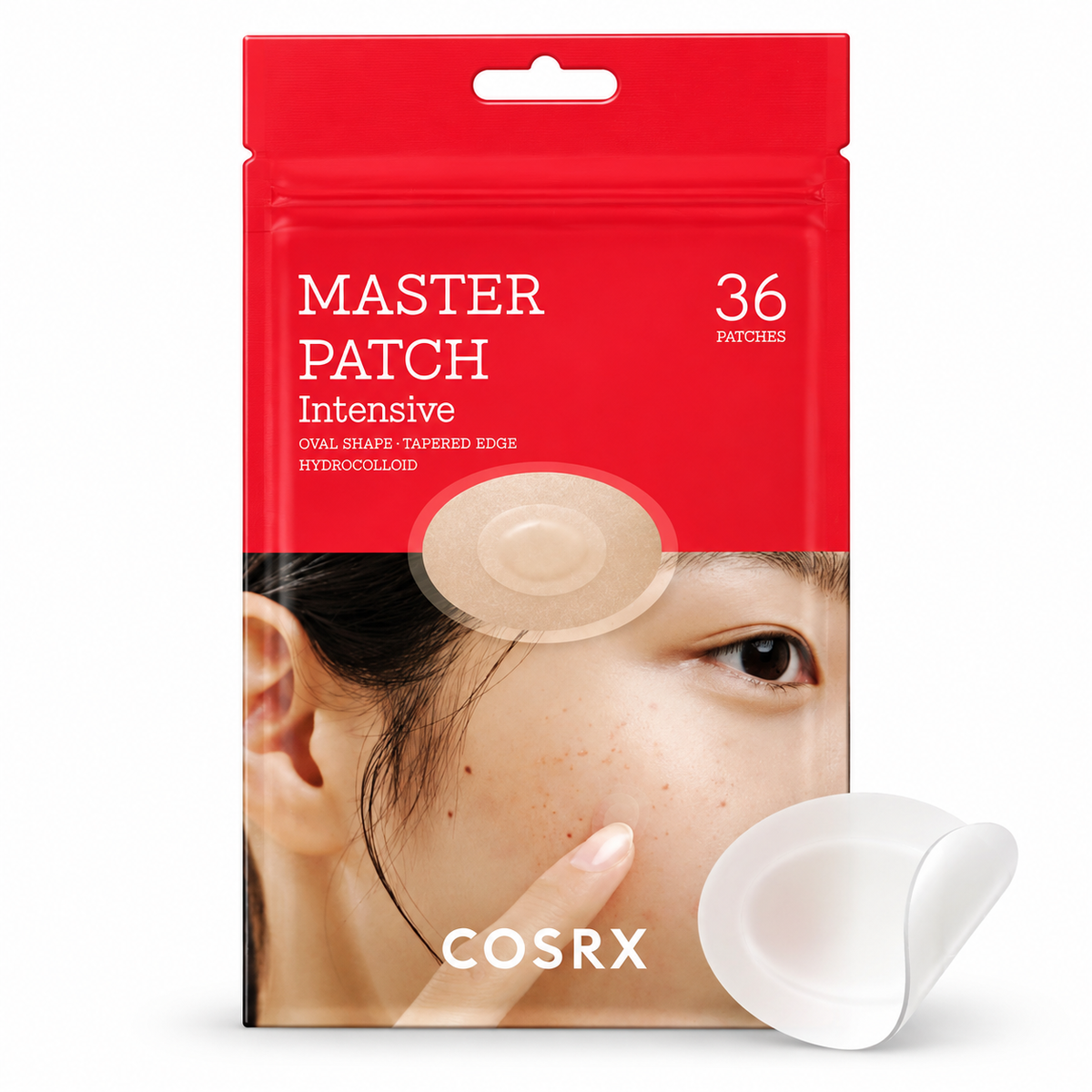 COSRX Master Patch Intensive facial acne patch packaging in red, with a model's face showing the patch applied and a white oval-shaped patch displayed in front on a white background.