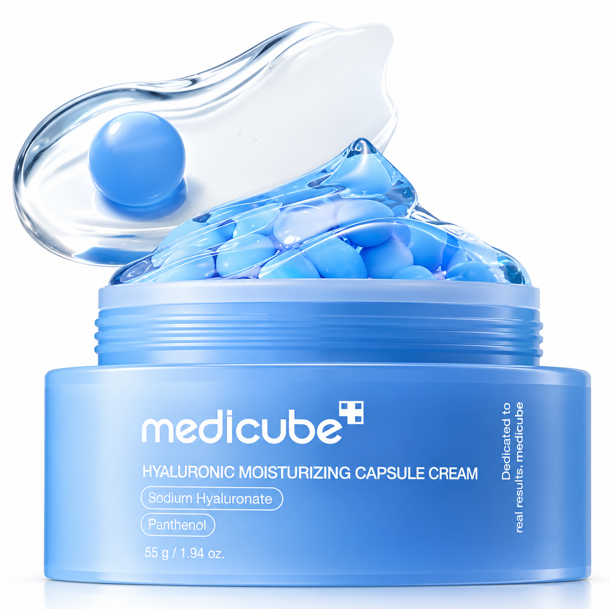 A blue open jar of medicube Hyaluronic Moisturizing Capsule Cream with a transparent lid showing blue gel and capsules, on a white background.