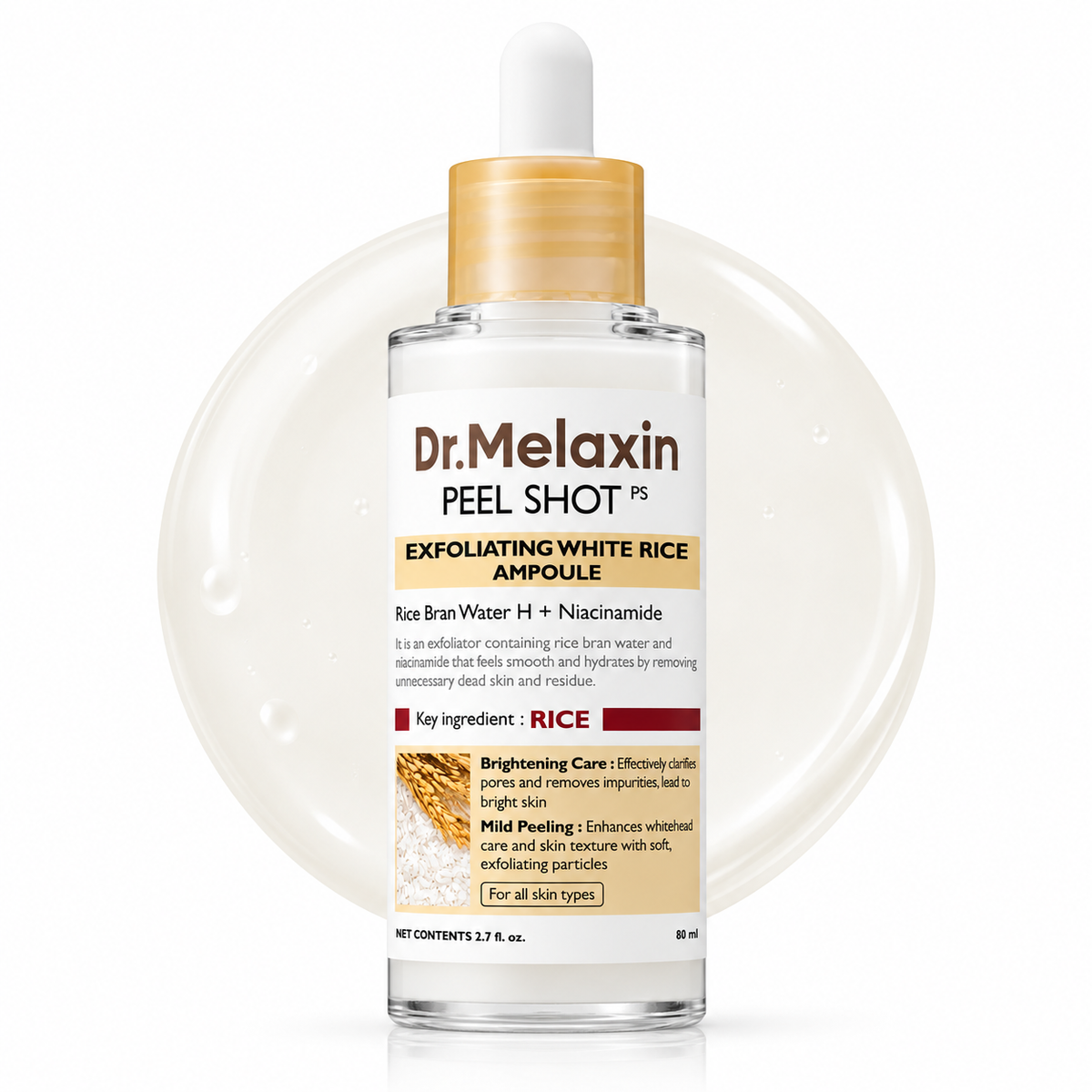 A bottle of Dr. Melaxin Peel Shot PS Exfoliating White Rice Ampoule, featuring a clear bottle with a light wood cap, set against a white background with a large translucent white rice bubble graphic.