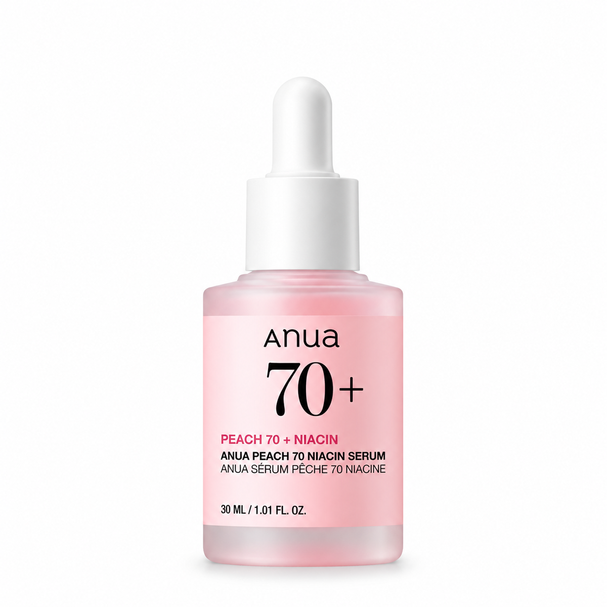 Anua 70+ Peach 70 + Niacin Serum in a 30 ml dropper bottle. The bottle is made of frosted light pink glass with a white dropper cap and a white label featuring black and pink text.