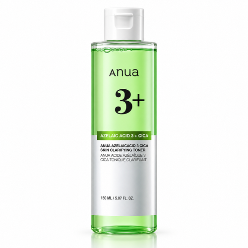 Anua 3+ Azelaic Acid 3 + Cica Skin Clarifying Toner in a clear bottle with a white cap, showing a bright green liquid inside, on a white background.