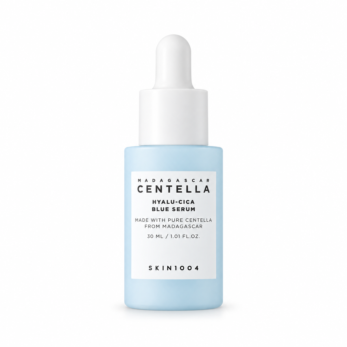 A 30 mL dropper bottle of SKIN1004 Madagascar Centella Hyalu-Cica Blue Serum, featuring a light blue bottle and a white dropper cap on a clean white background.
