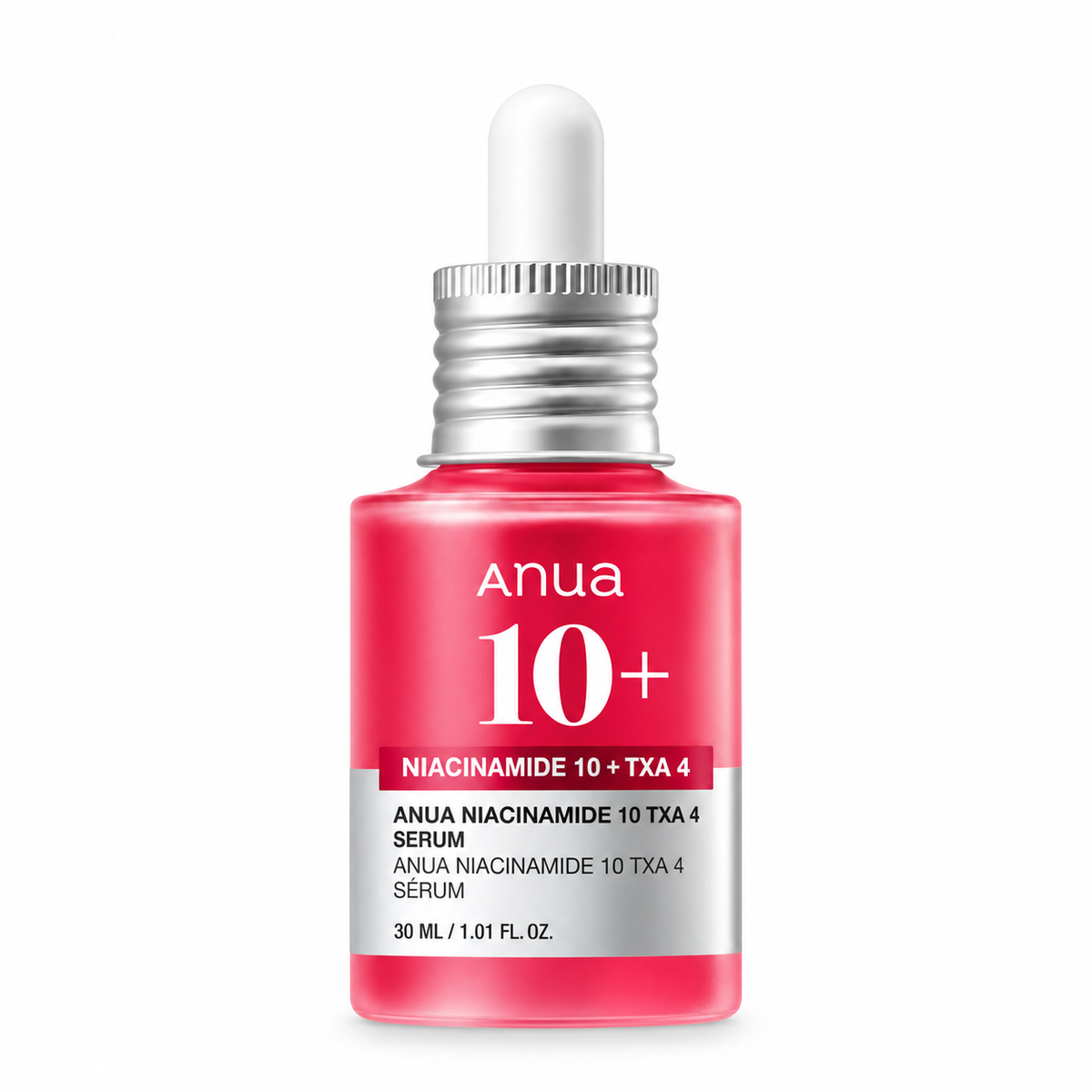 Anua 10+ Niacinamide 10 + TXA 4 Serum in a 30 ml dropper bottle. The bottle is a vibrant pink with a metallic silver collar and a white rubber dropper cap, set against a plain white background.
