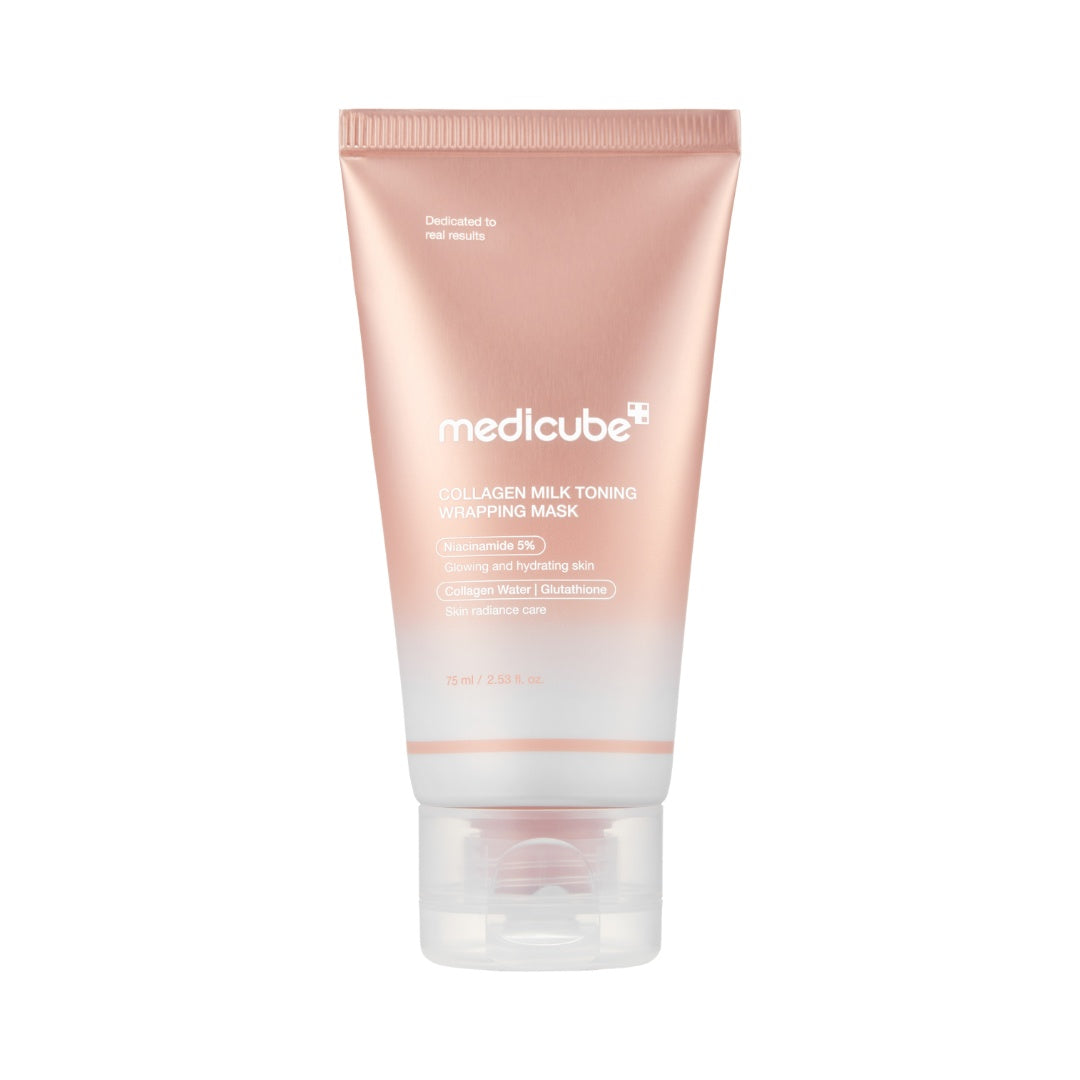 A squeeze tube of medicube Collagen Milk Toning Wrapping Mask with a metallic rose gold to white gradient design and a clear cap, shown on a solid white background.