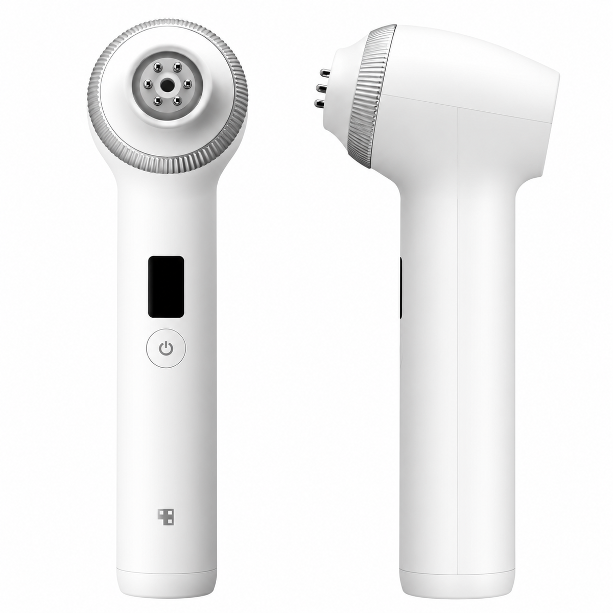 A white handheld beauty device shown from two angles on a plain white background: one front view with a circular treatment head, a small black display window, and a power button, and one side view showing the angled head and side button.