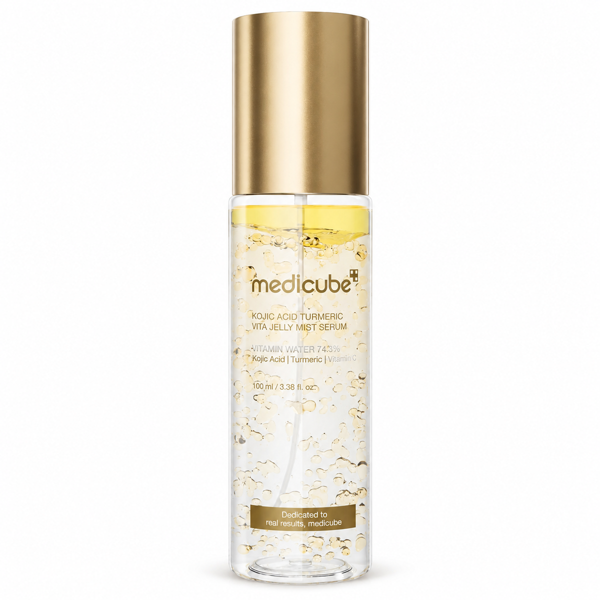 Medicube Radiacell Turmeric with Jelly Night Serum in a clear cylindrical bottle with a metallic gold cap, shown on a plain white background.