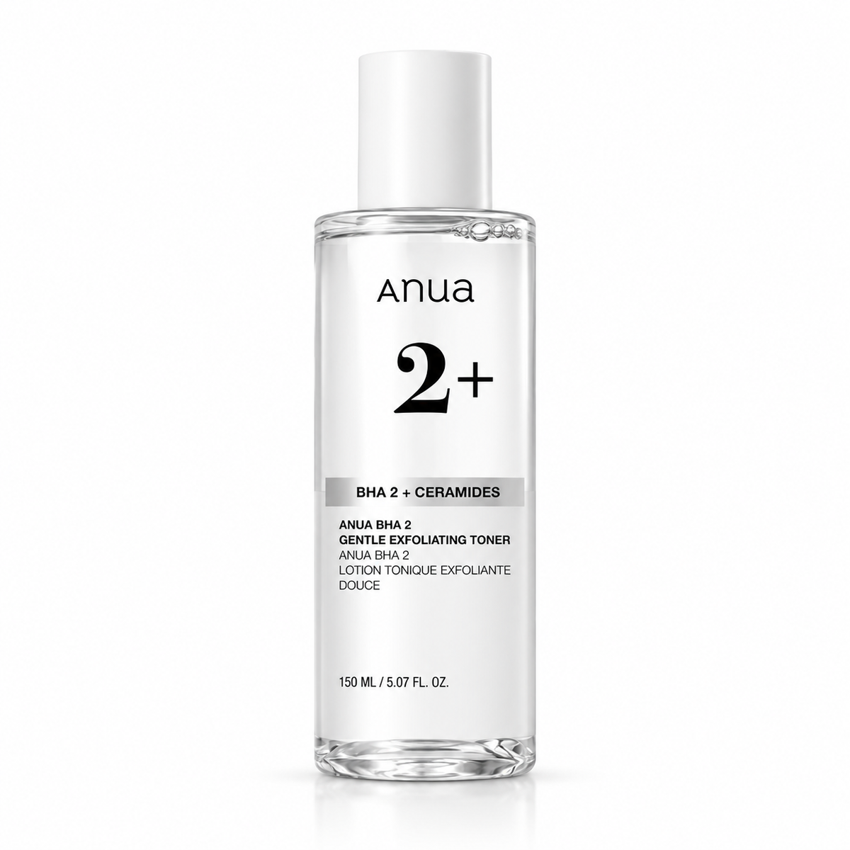 Anua 2+ Gentle Exfoliating Toner in a clear glass bottle with a white cap, shown on a clean white background.