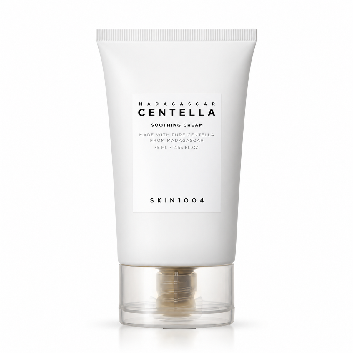A white squeeze tube of SKIN1004 Madagascar Centella Soothing Cream with a clear cap, shown on a clean white background.